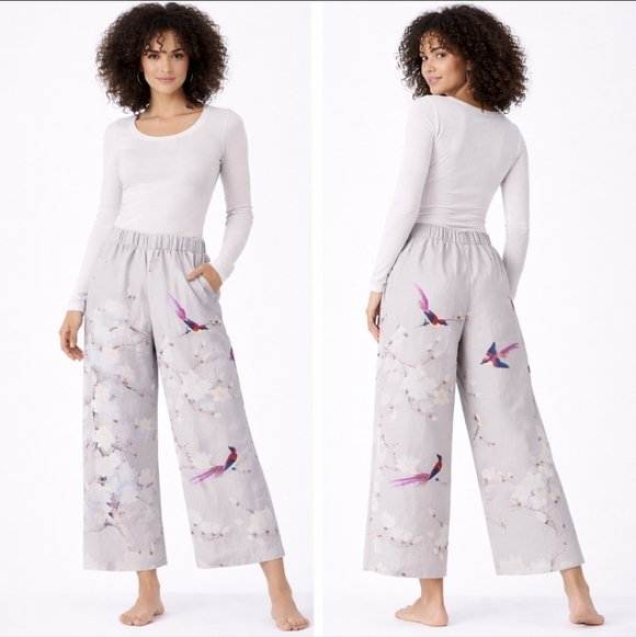 Pants - Bird Print Wide Leg Pants Cream Floral Elastic Waist Size M
